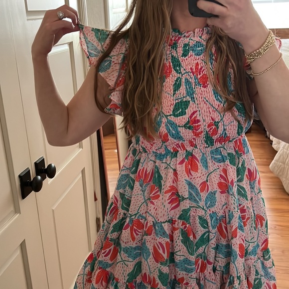 J. MARIE Floral Print Smocked Ruffle Tiered Mini Dress in Multicolor small - Picture 4 of 16